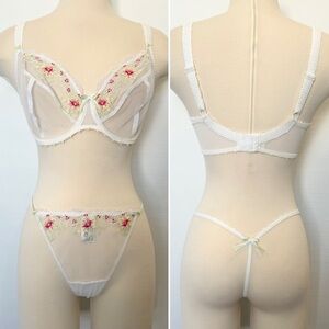 Freya Luxury Floral Embroidery White Mesh Bra & Panty Lingerie 2PC Set 32FF L
